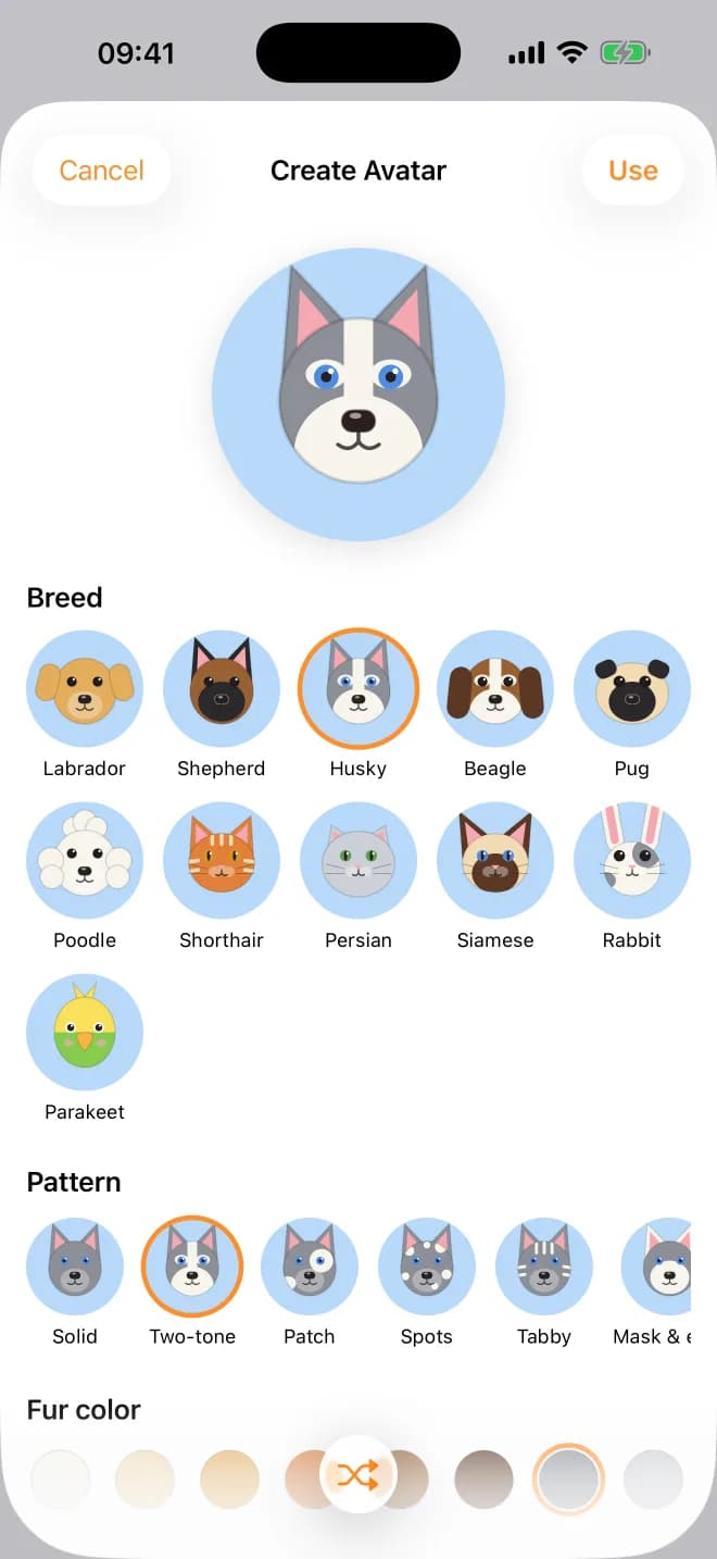 Design an avatar: breed, pattern and colors